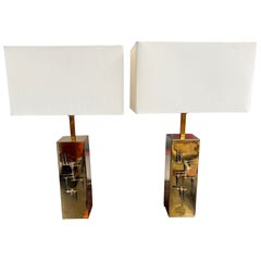 Pair of Brutalist Brass Lamps with Nails by Laurel Lamp