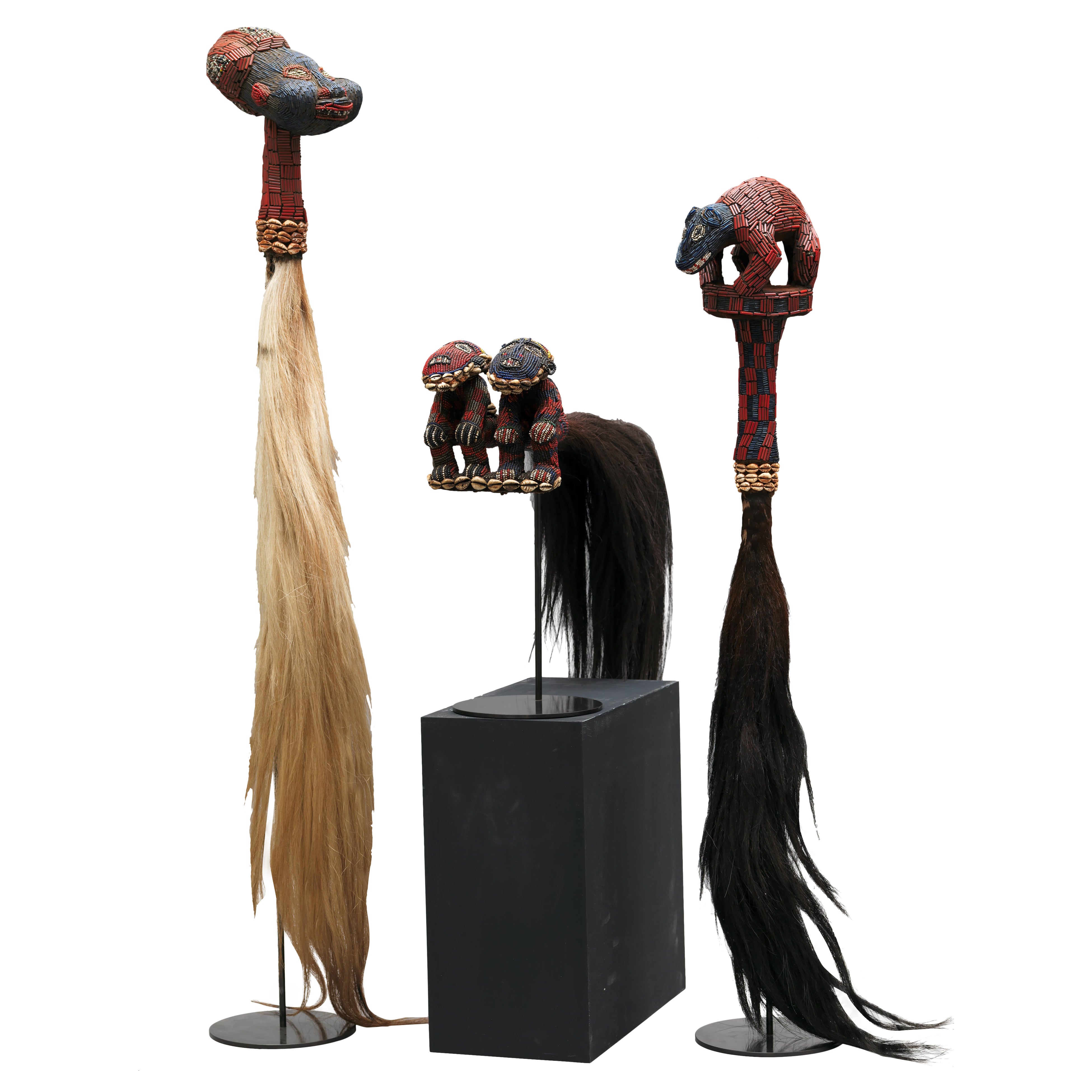 Ethnic Design-Three Decorative Beaded Flywhisks , Cameroon Grasslands