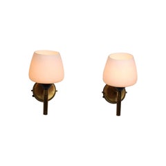 Pair of Italian Wall Sconces in Brass, Black Metal, and Opaline Glass, 1950s