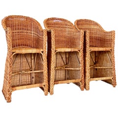 Coastal Large Braid Rattan Bar Stools by Wicker Works Manner of Michael Taylor-S