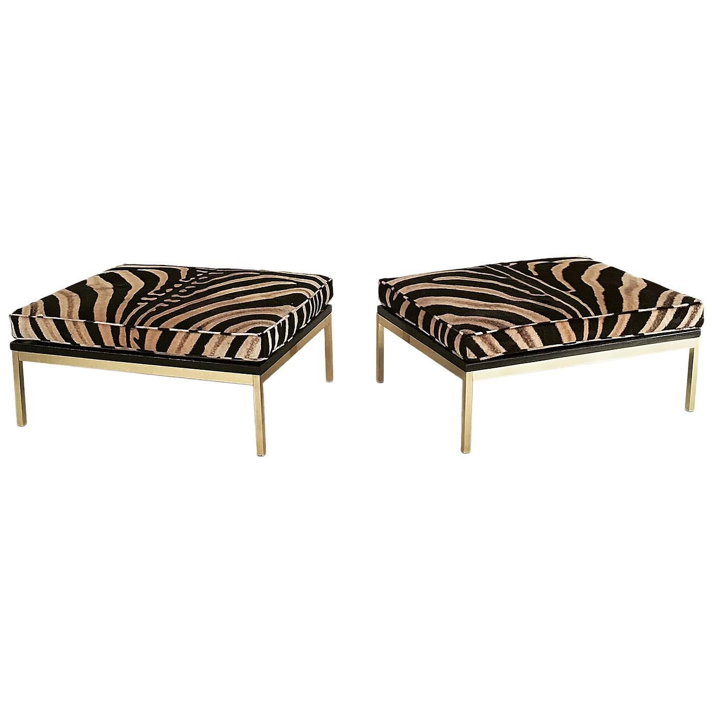 Pair of Knoll Style Zebra Hide and Brass Ottomans