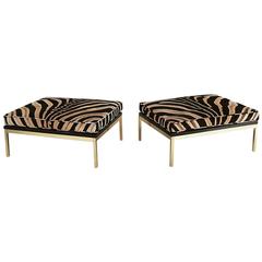 Pair of Knoll Style Zebra Hide and Brass Ottomans