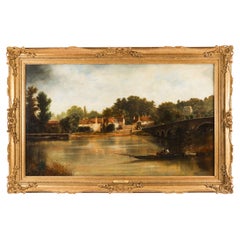 Antico dipinto a olio di 5 piedi "Sonning-on-Thames" di Vernon Howard del XIX secolo
