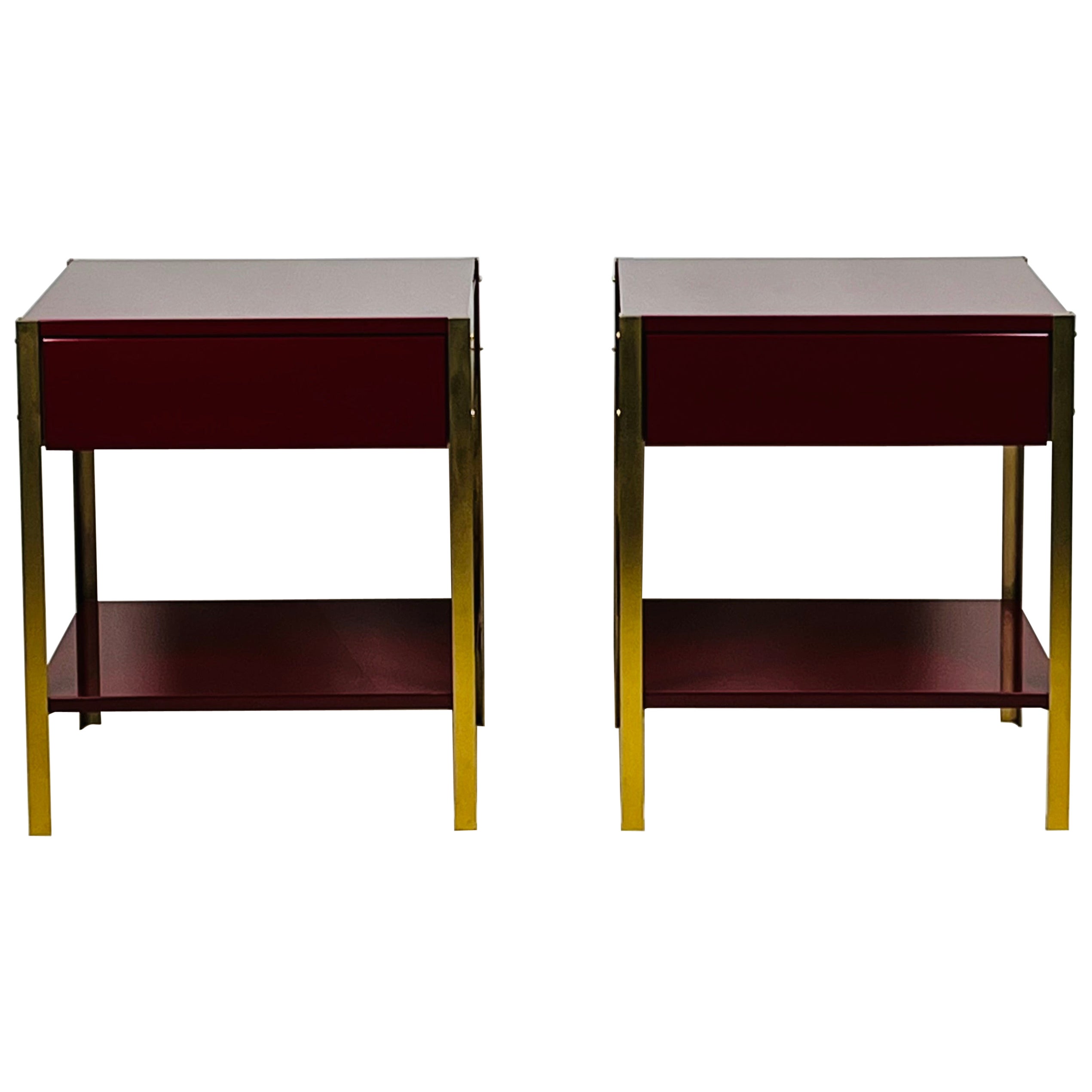 Pair of Narrow 'Laque' Oxblood Lacquer and Brass Night Stands by Design Frères For Sale