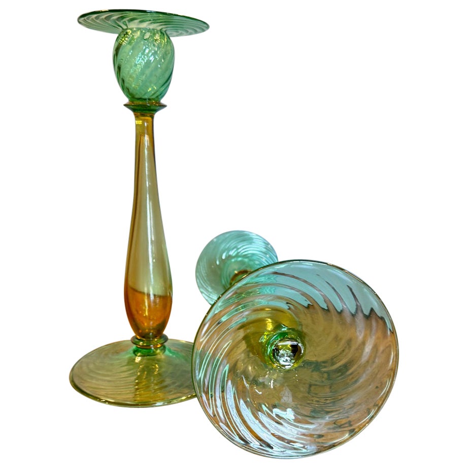 Pair Carder Steuben "Pomona Green" and "Topaz" Glass Candlesticks