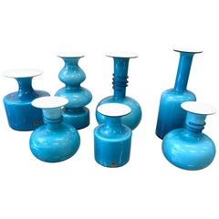 Set of 7 Kastrup Holmegaard White Cased Blue Vases