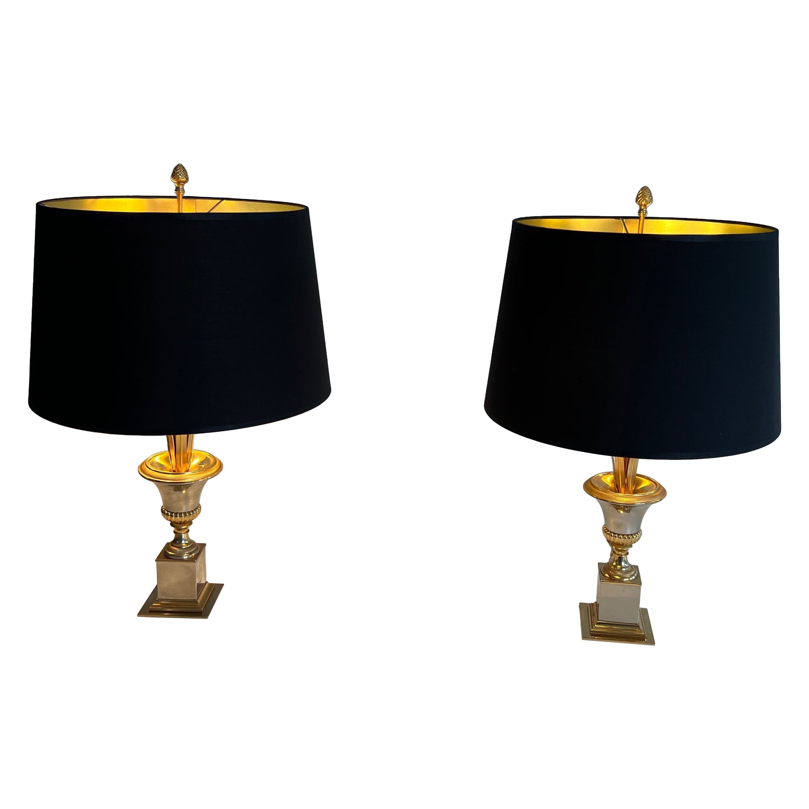 Pair of Palm Tree Chrome & Brass Table Lamps in the Style of Maison Charles
