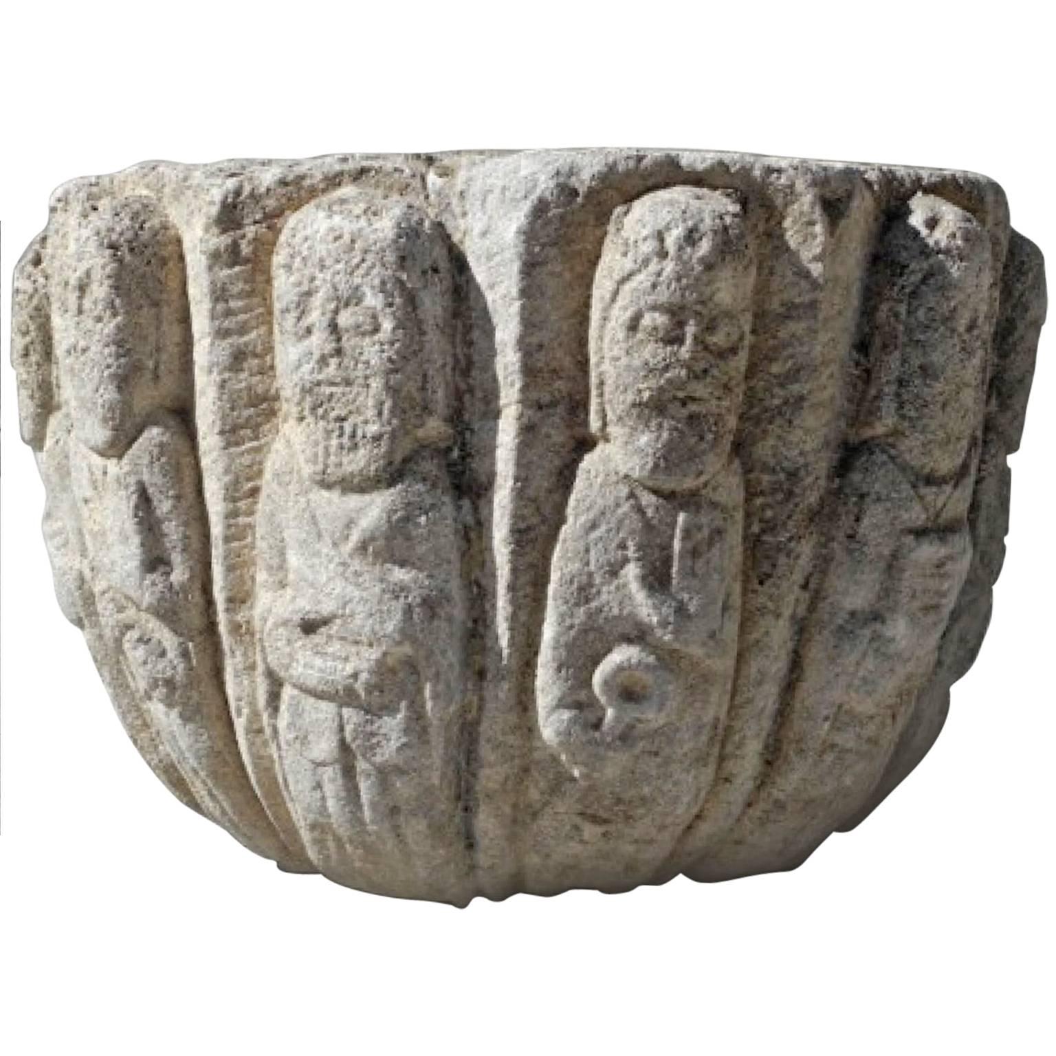 Antique Stone Baptismal Font from the 14th Century Depicting the 12 Apostles