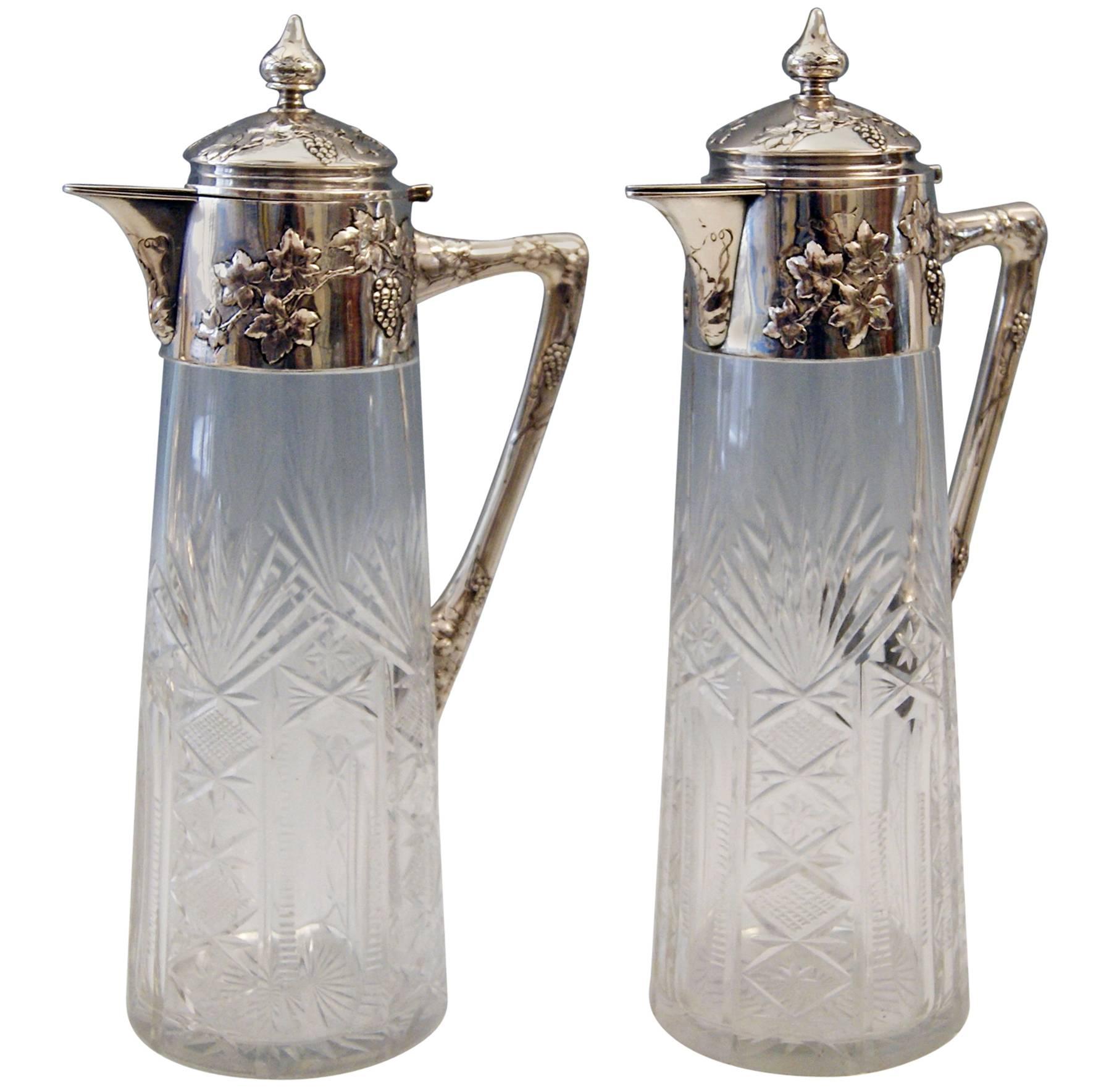  Silver Austria Viennese Pair of Glass Decanters Carafes, circa 1900