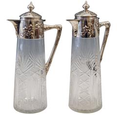 Antique  Silver Austria Viennese Pair of Glass Decanters Carafes, circa 1900