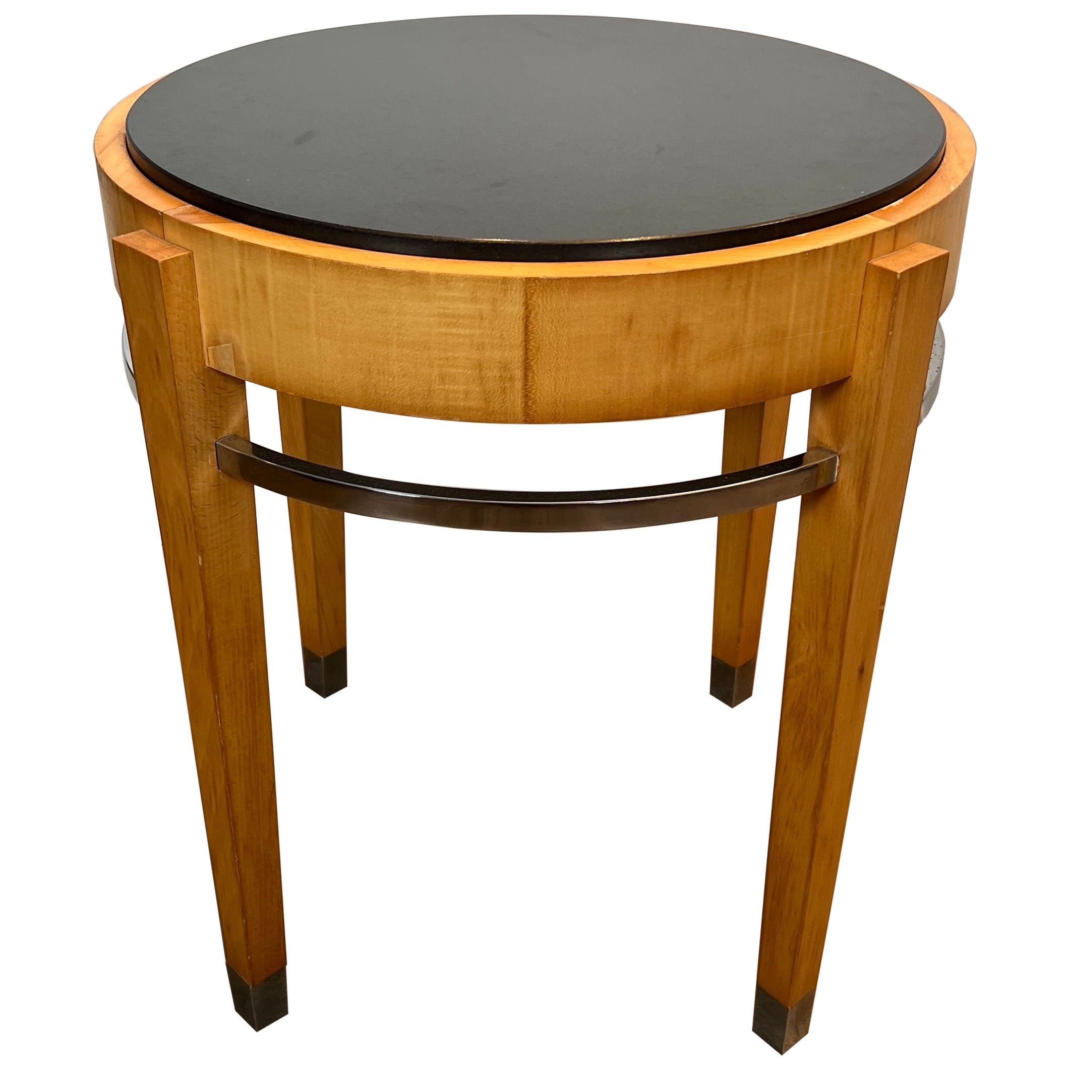Sycamore Veneer and Chrome Pedestal Table with Marble Top For Sale