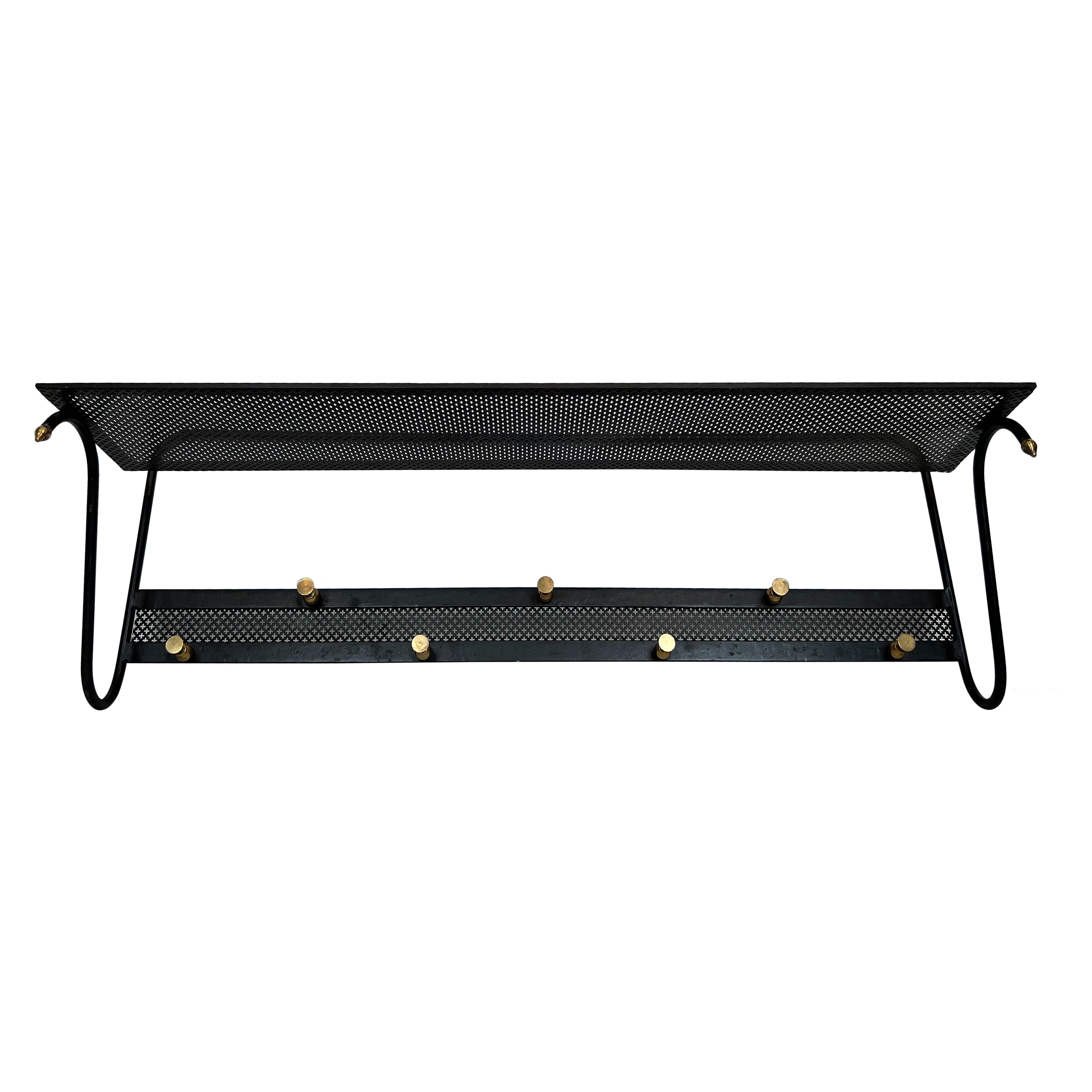 Black Lacquered Metal Coat Rack with Perforated Sheet Metal and Brass