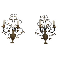Pair of Large Decorative Wrought Iron and Gilded Wall Lights Representing a Bouq
