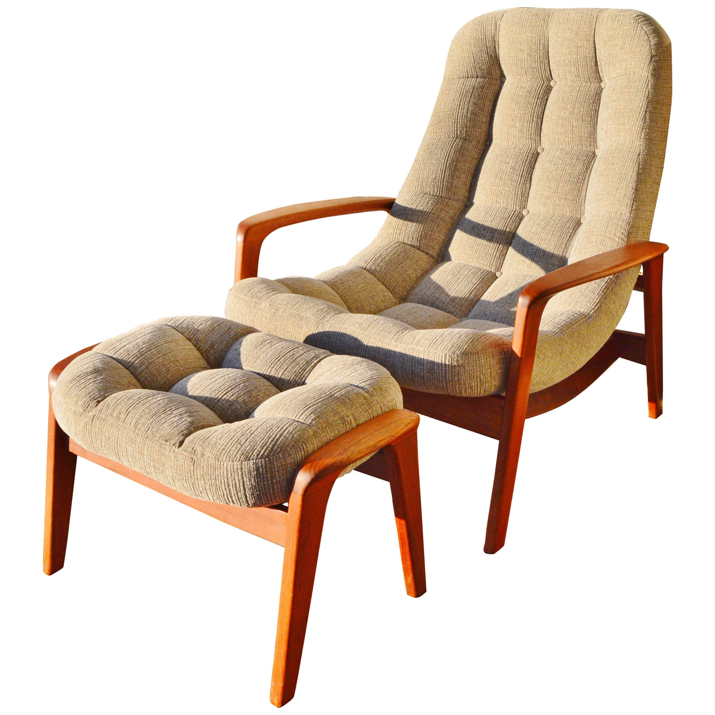 Button-Tufted Danish Style Teak Lounge Chair and Ottoman, Restored