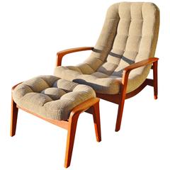 Vintage Button-Tufted Danish Style Teak Lounge Chair and Ottoman, Restored