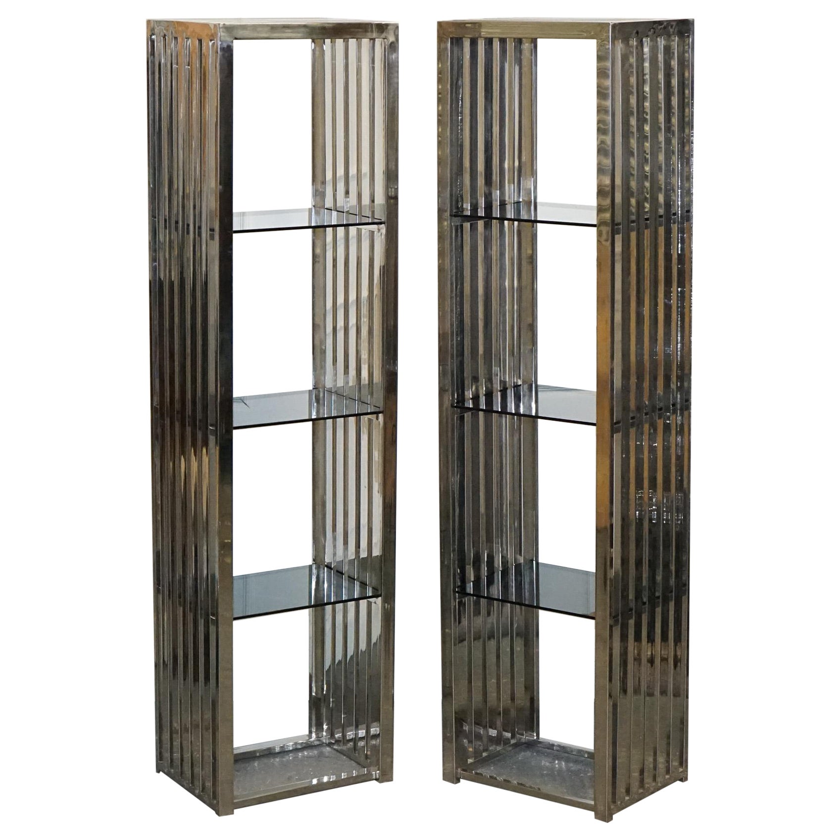 STUNNING CASA PADRINO STAINLESS STEEL PAiR OF BOOKCASES AND SMOKED GLASS SHELFS For Sale