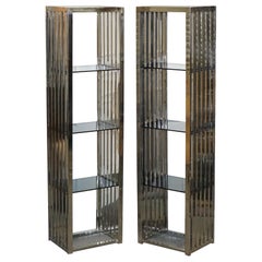 STUNNING CASA PADRINO STAINLESS STEEL PAiR OF BOOKCASES AND SMOKED GLAS SHELFS