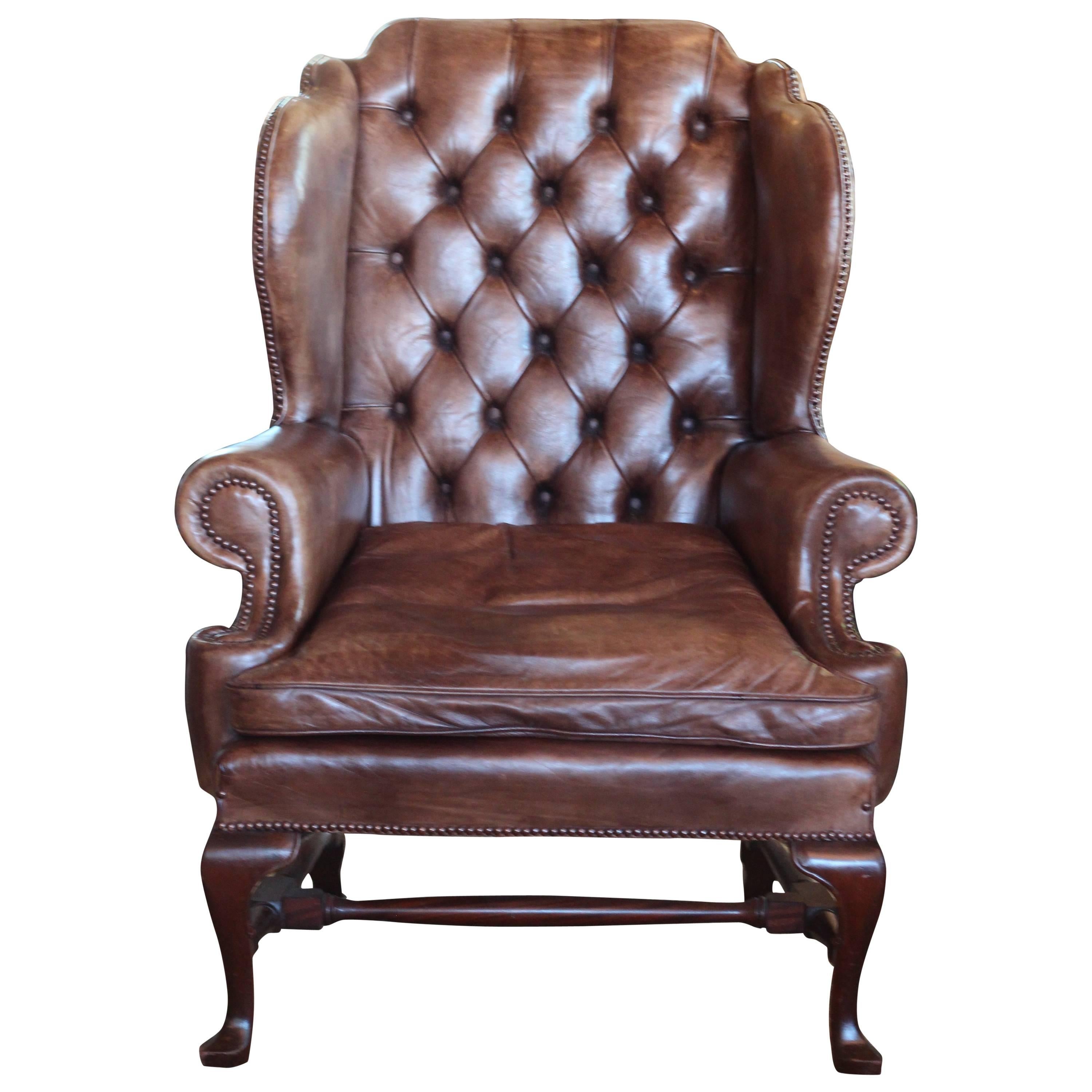 Early 20th Century English Leather Wing Chair For Sale
