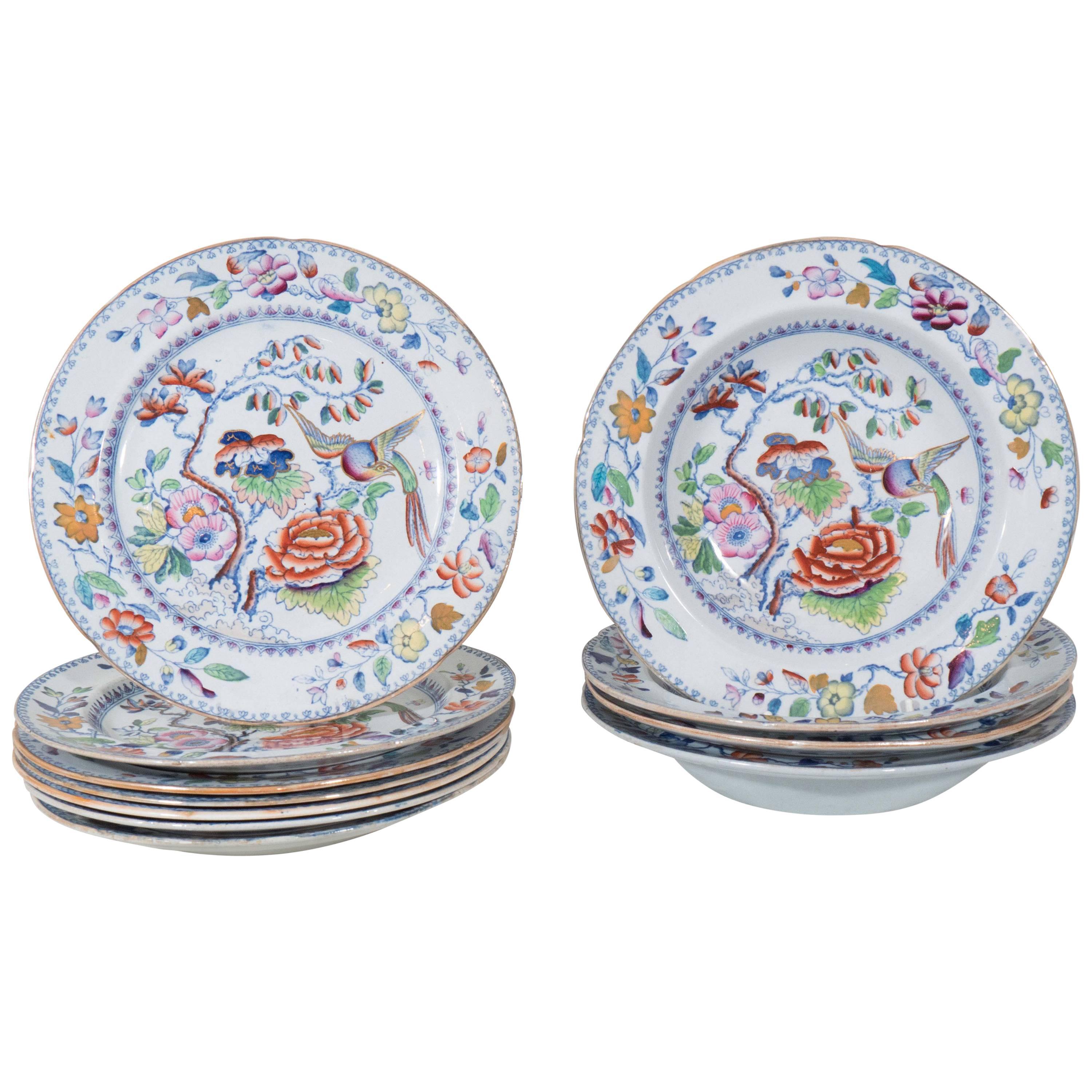 Set of Mason's Ironstone Dinner and Soup Dishes in "Flying Bird" Pattern