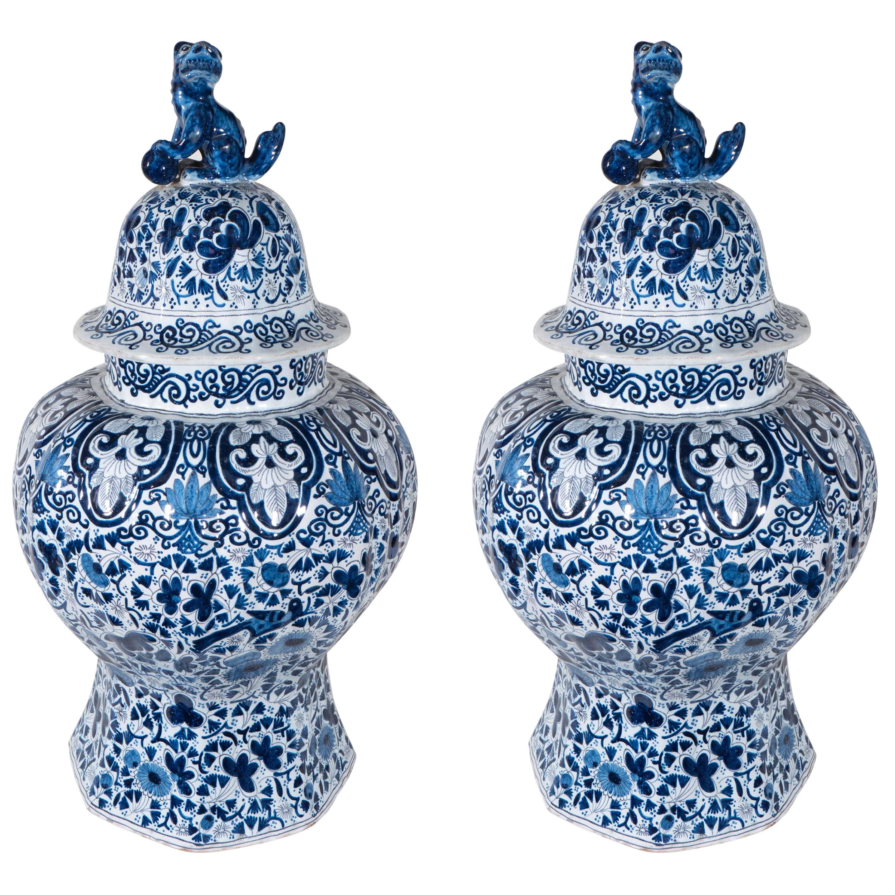 Pair of Large Blue and White Dutch Delft Covered Vases