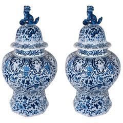 Pair of Large Blue and White Dutch Delft Covered Vases