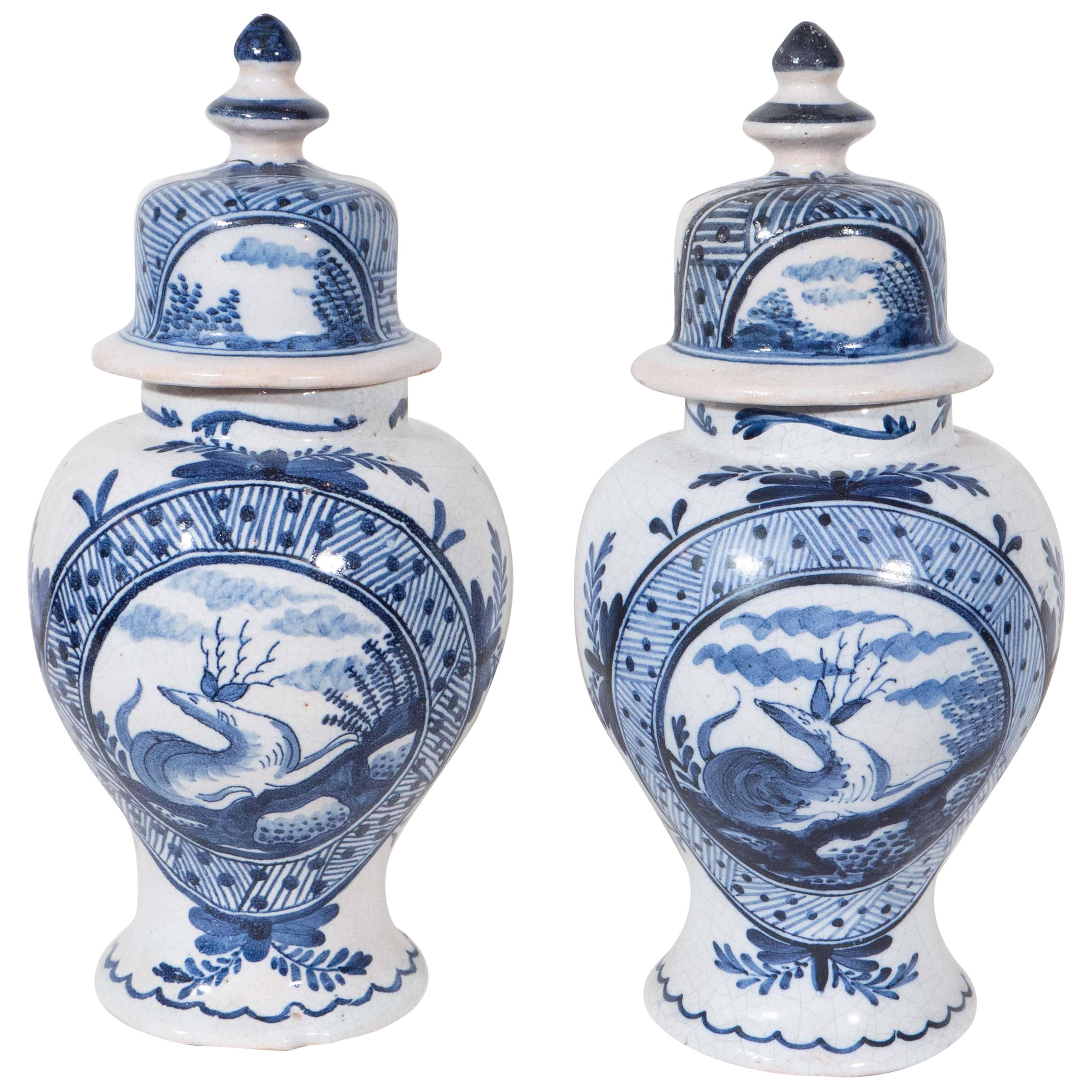 Pair of Blue and White Dutch Delft Mantle Vases