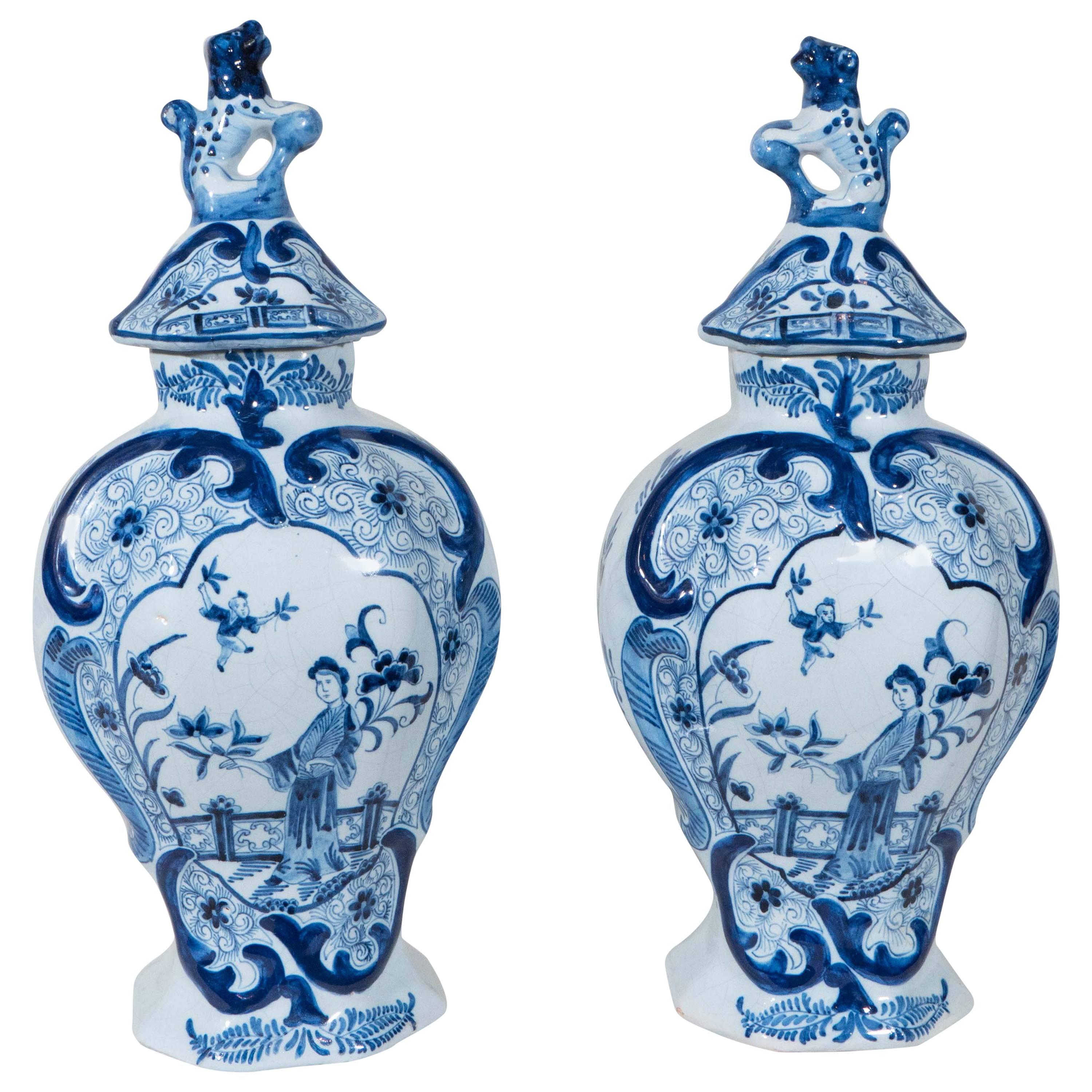 Pair of Antique Blue and White Dutch Delft Mantle Vases