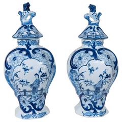 Pair of Antique Blue and White Dutch Delft Mantle Vases