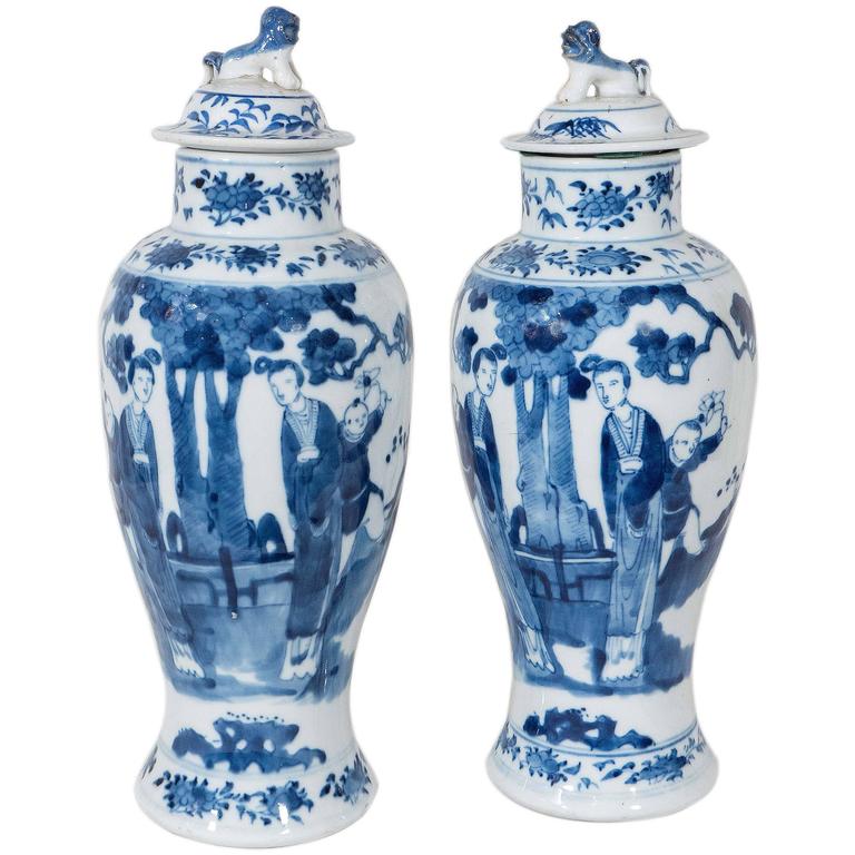 Pair of Blue and White Antique Chinese Porcelain Covered Vases at 1stDibs