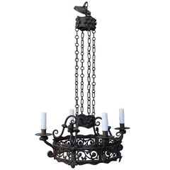 Antique Spanish Four-Light Wrought Iron Chandelier