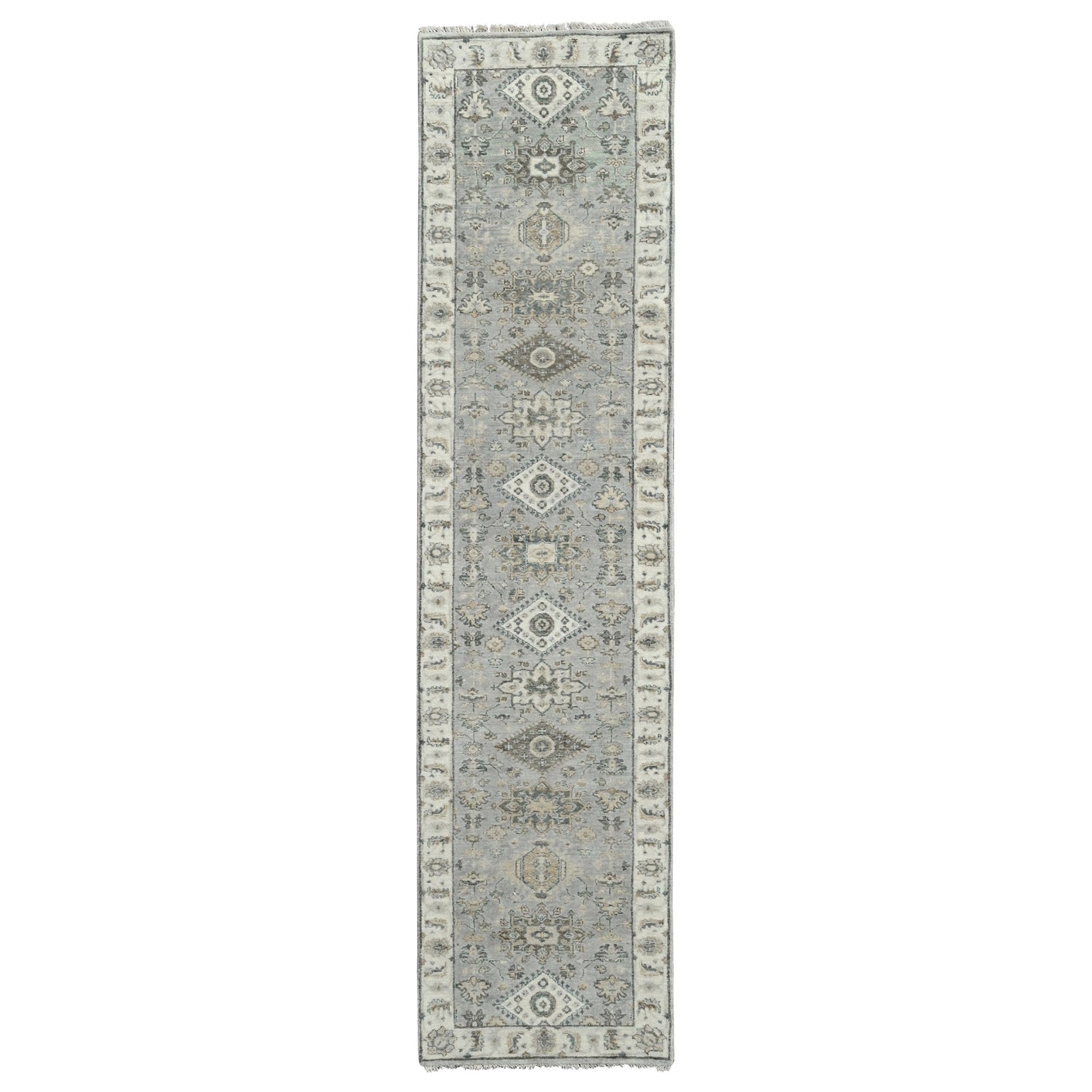 2'7"x11'10" Rhino Gray Hand Knotted Karajeh Design Soft Wool Runner Rug