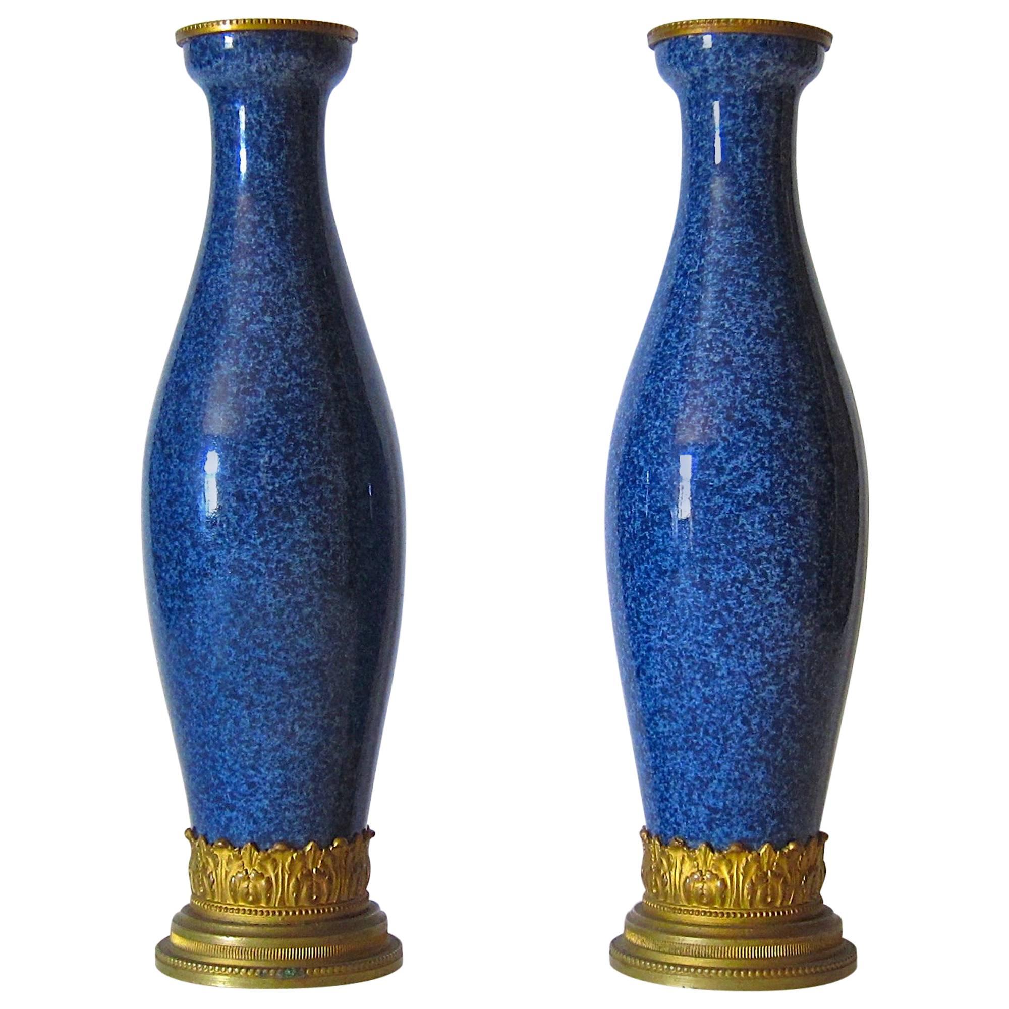 Paul Milet French Faience Vase Pair with Neoclassical Gilt Bronze Mounts