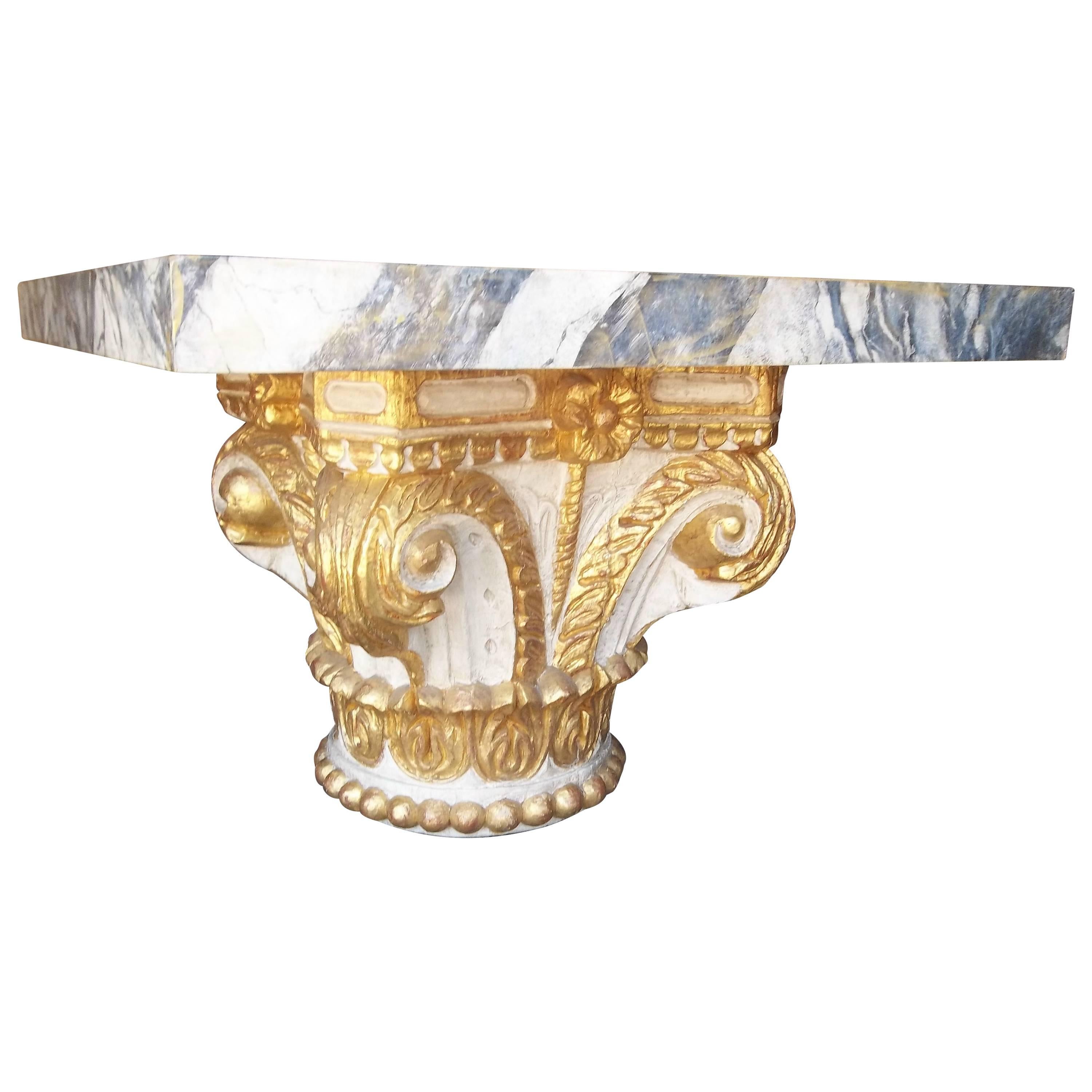 Giltwood and Paint Wood Corinthian Column Capital Fragment Now a Table