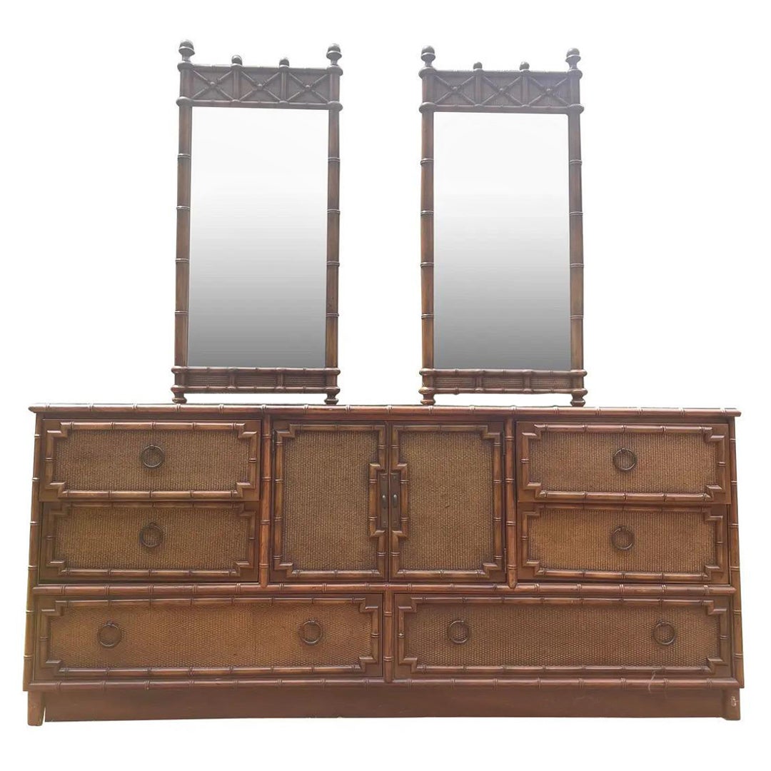 Bedroom Dresser Lowboy Faux Bamboo and Rattan Dresser by Drexel with Mirrors