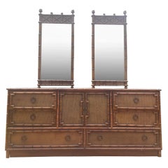 Bedroom Dresser Lowboy Faux Bamboo and Rattan Dresser by Drexel with Mirrors