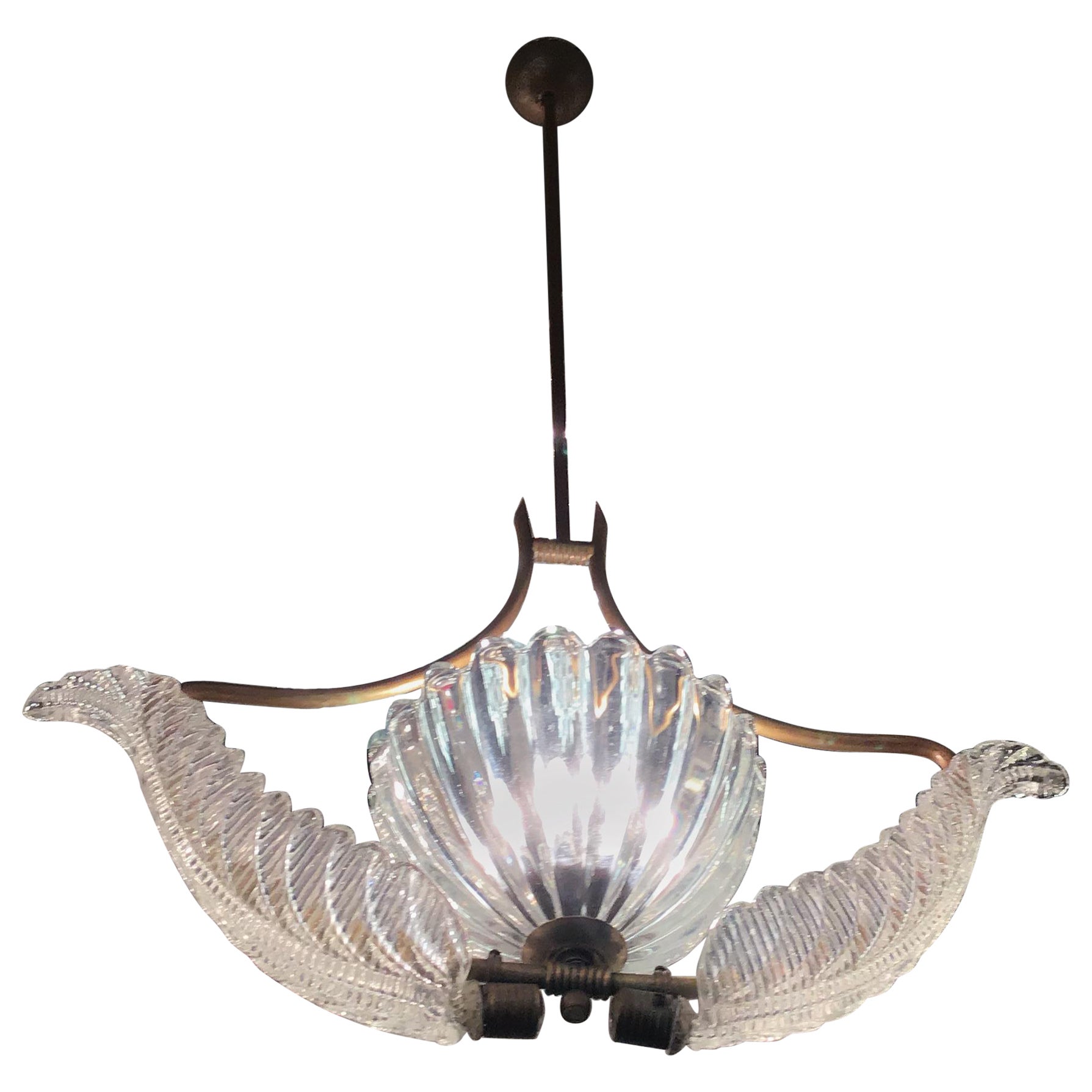 Seguso Chandelier Murano Glass Brass 1940 Italy For Sale