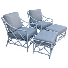 Chinese Chippendale Pair Faux Bamboo Metal Patio Lounge Armchairs & Ottomans