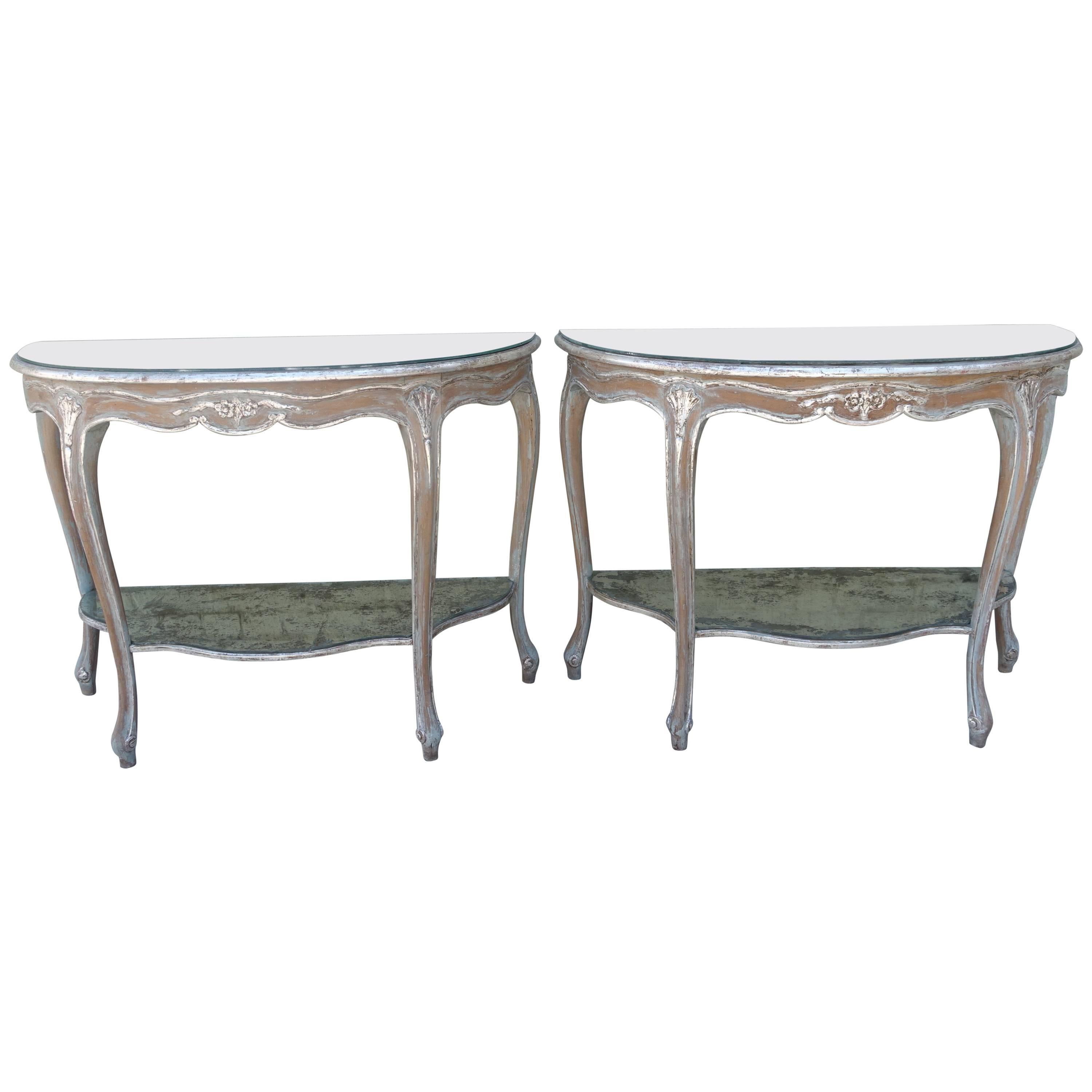 Pair of French Painted and Silver Gilt Consoles with Mirrored Tops
