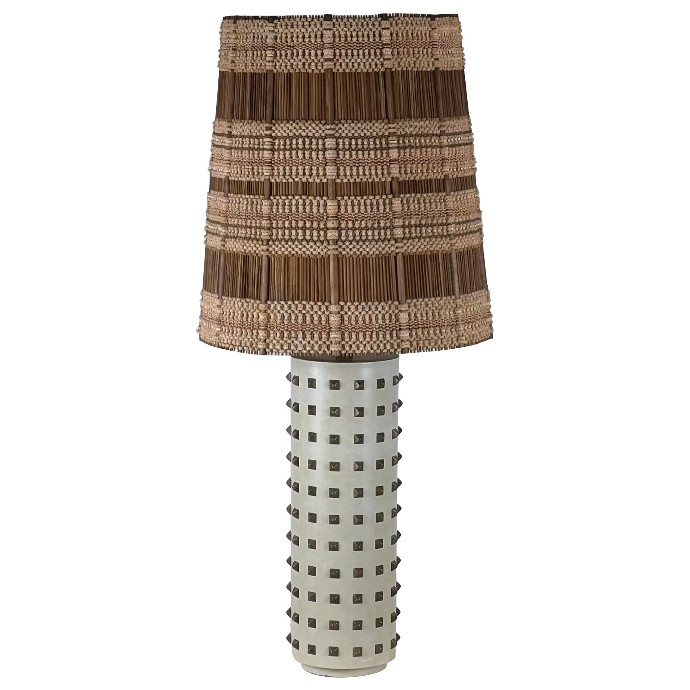 Studded Cream Leather Table Lamp with Original Maria Kipp Shade