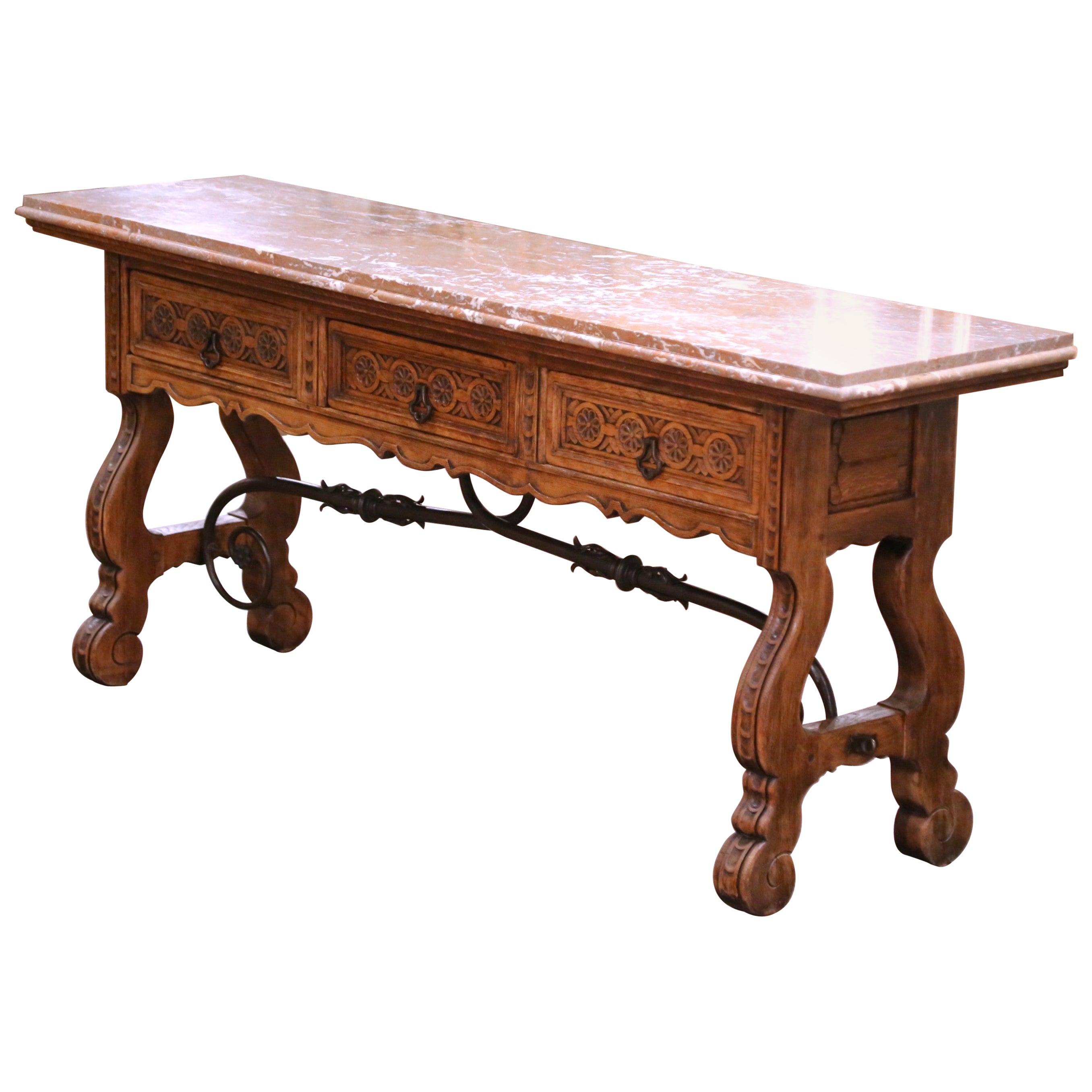 Console baroque espagnole du 19ème siècle en chêne sculpté avec plateau en marbre et base en fer