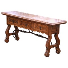 Antique 19th Century Spanish Baroque Carved Oak Console with Marble Top and Iron Base
