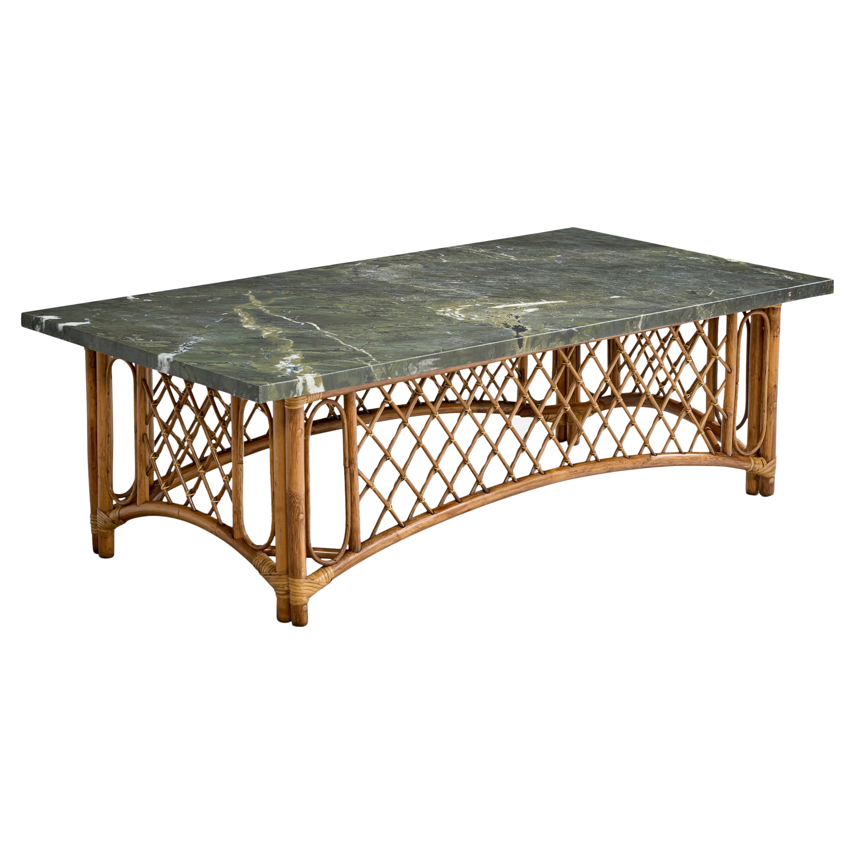 Amerikanischer Designer, Couchtisch, Bambus, Rattan, Marmor, USA, 1950er Jahre