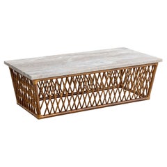 Amerikanischer Designer, Couchtisch, Bambus, Rattan, Marmor, USA, 1950er Jahre