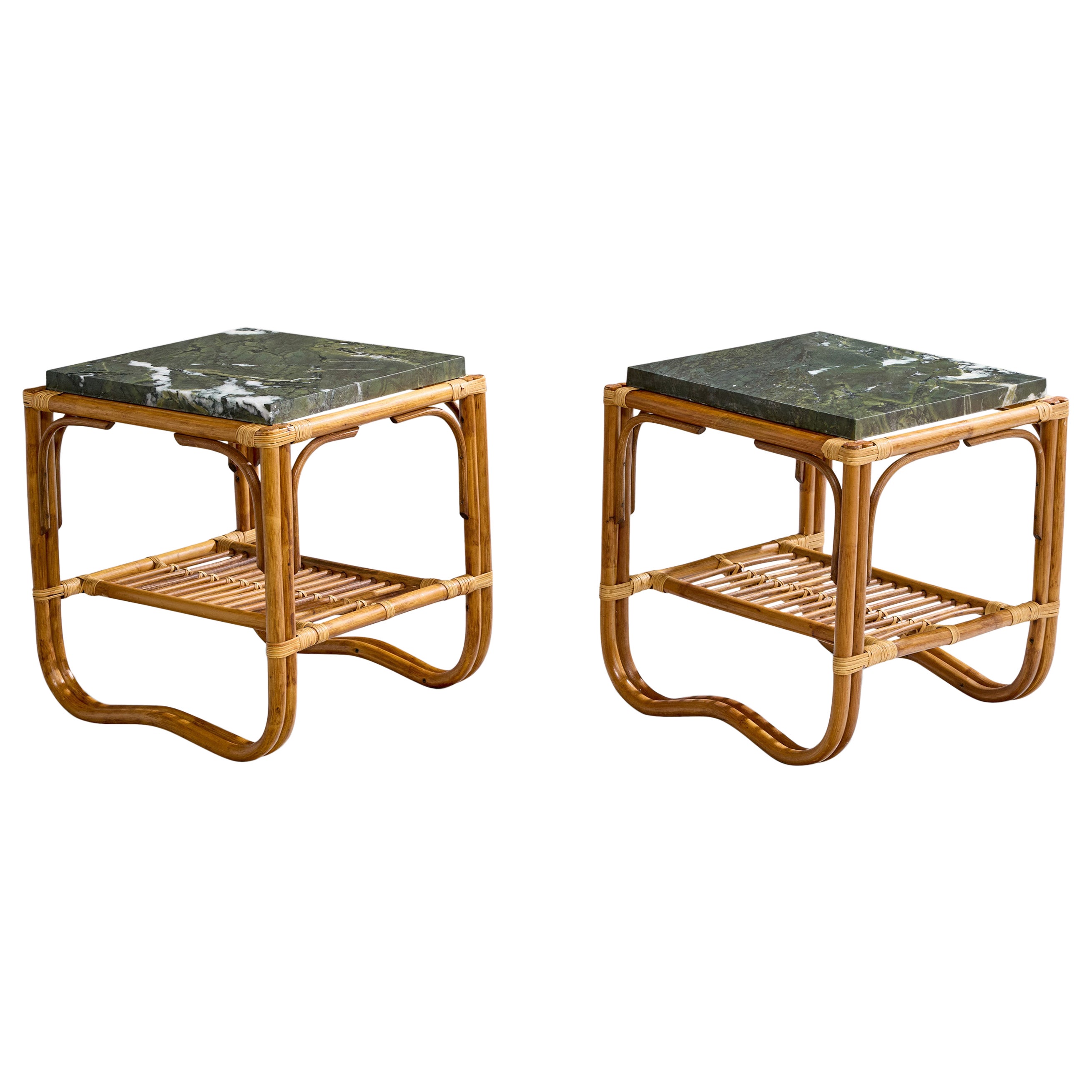 Amerikanische Designerin, Beistelltische, Bambus, Rattan, Marmor, USA, 1950er Jahre