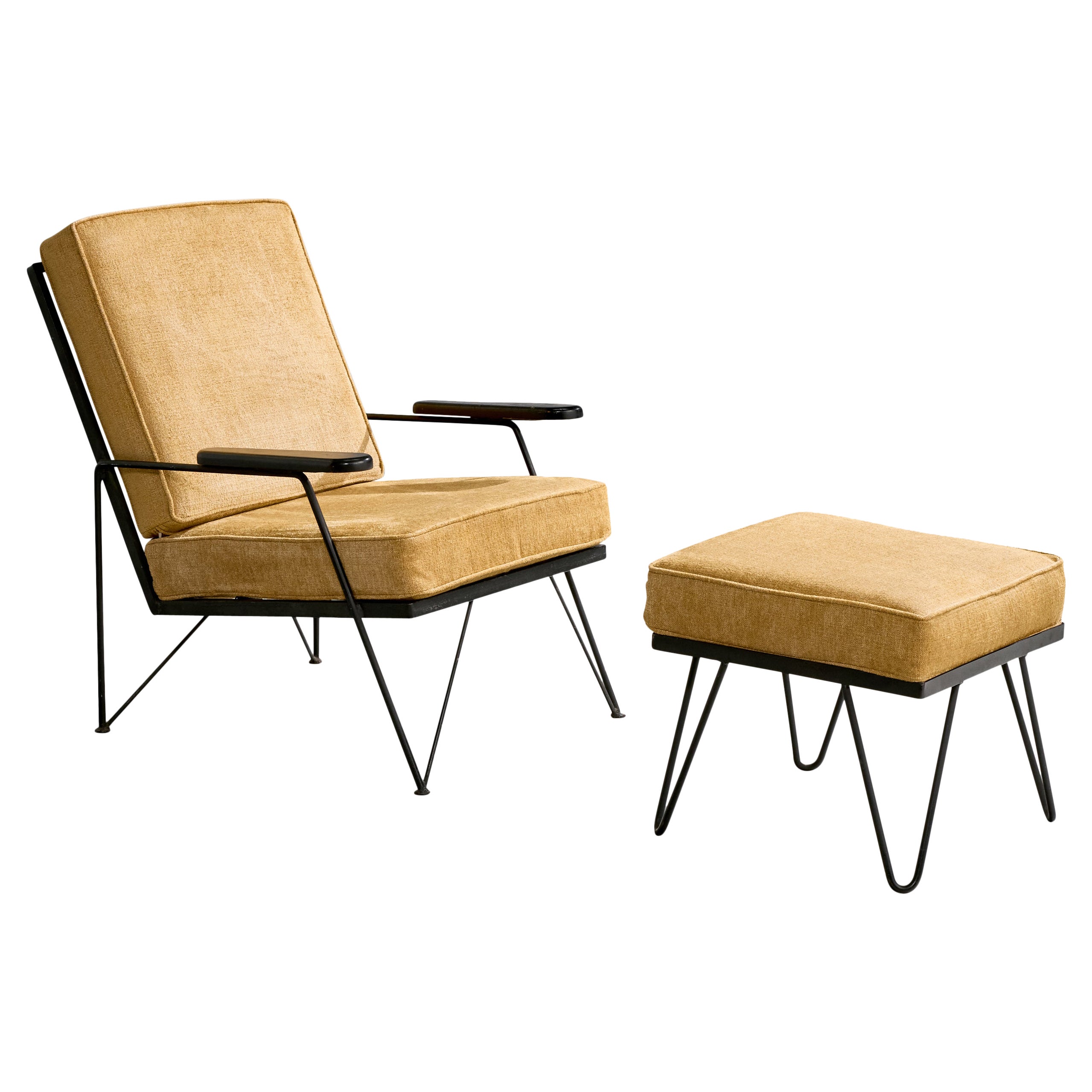 American Designer, Lounge Chair with Ottoman, Iron, Wood, Velvet, USA, 1950s