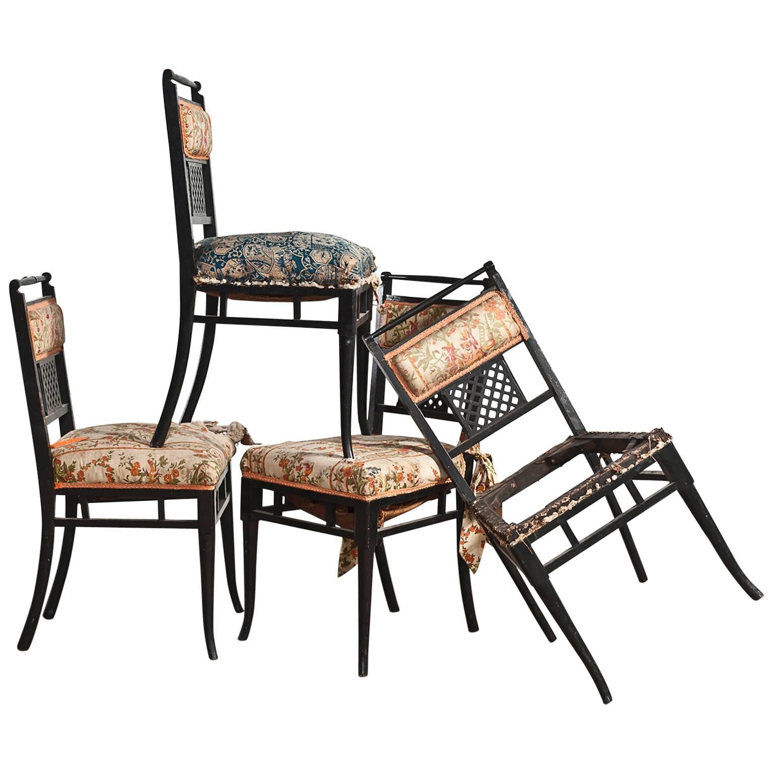 Antique Regency Chinoiserie Distressed Black Chairs, Set of Four