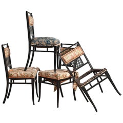 Antique Regency Chinoiserie Distressed Black Chairs, Set of Four