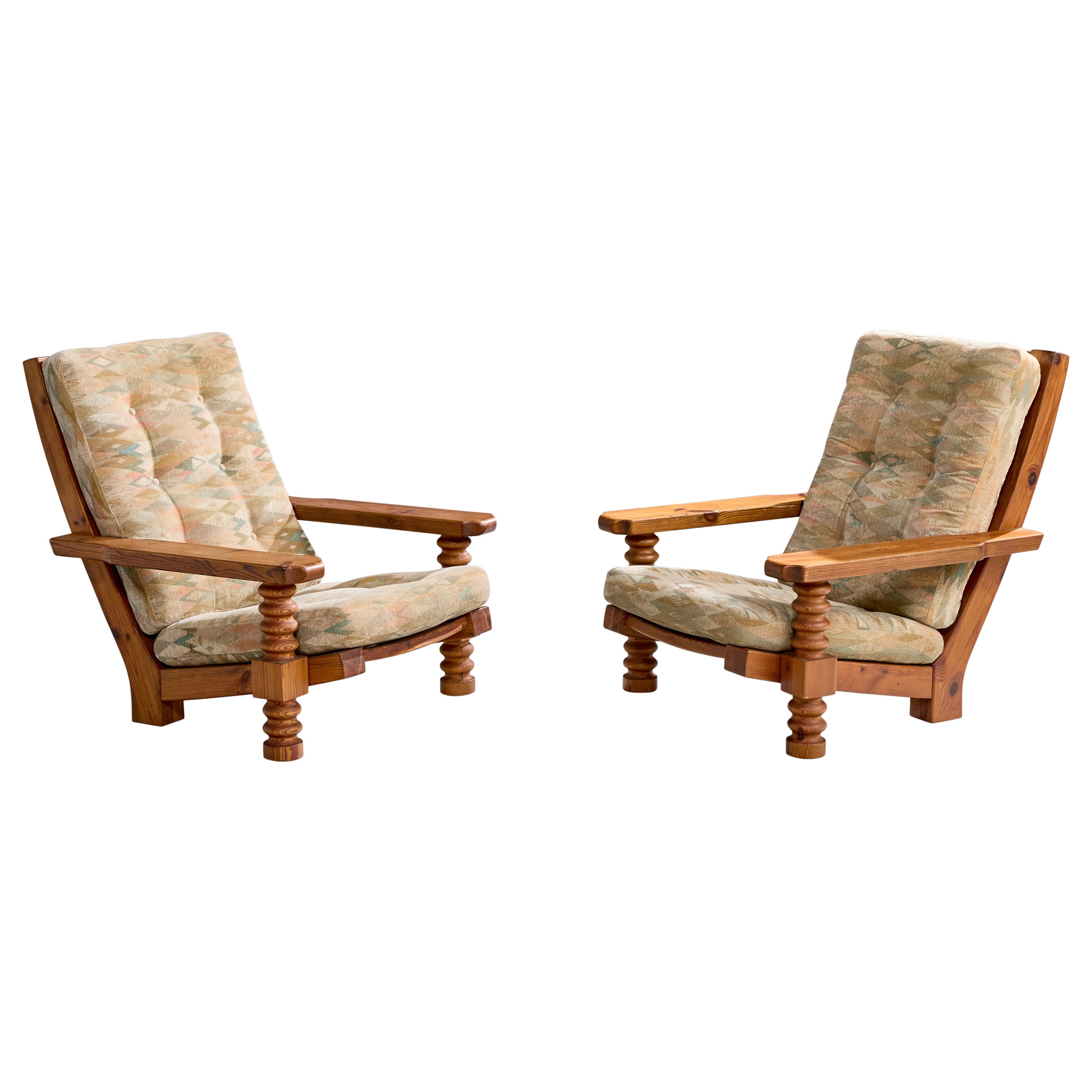 Collden, Lounge Chairs, Pine, Fabric, Sweden, 1970s For Sale