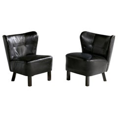Danish Designer, Slipper Chairs, Wood, Leather, Denmark, 1940s