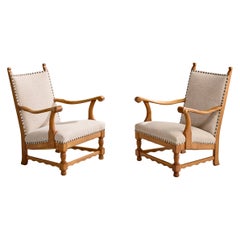 Antique Danish Designer, Lounge Chairs, Oak, Fabric, Brass, Denmark, 1920s